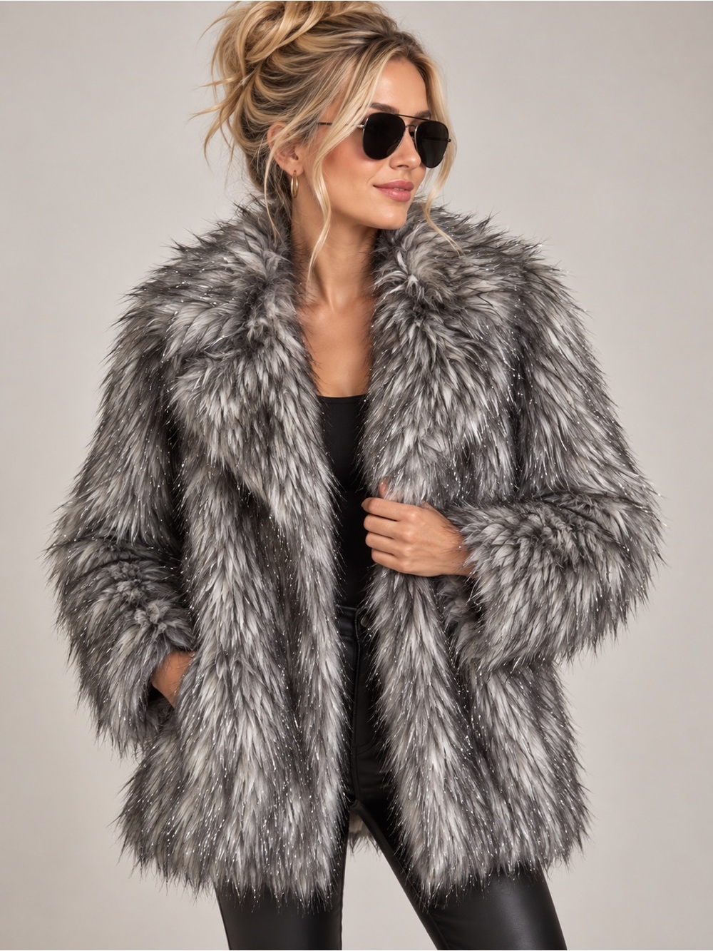 Michael Kors NWT Silver Metallic Faux Fur Coat Size M